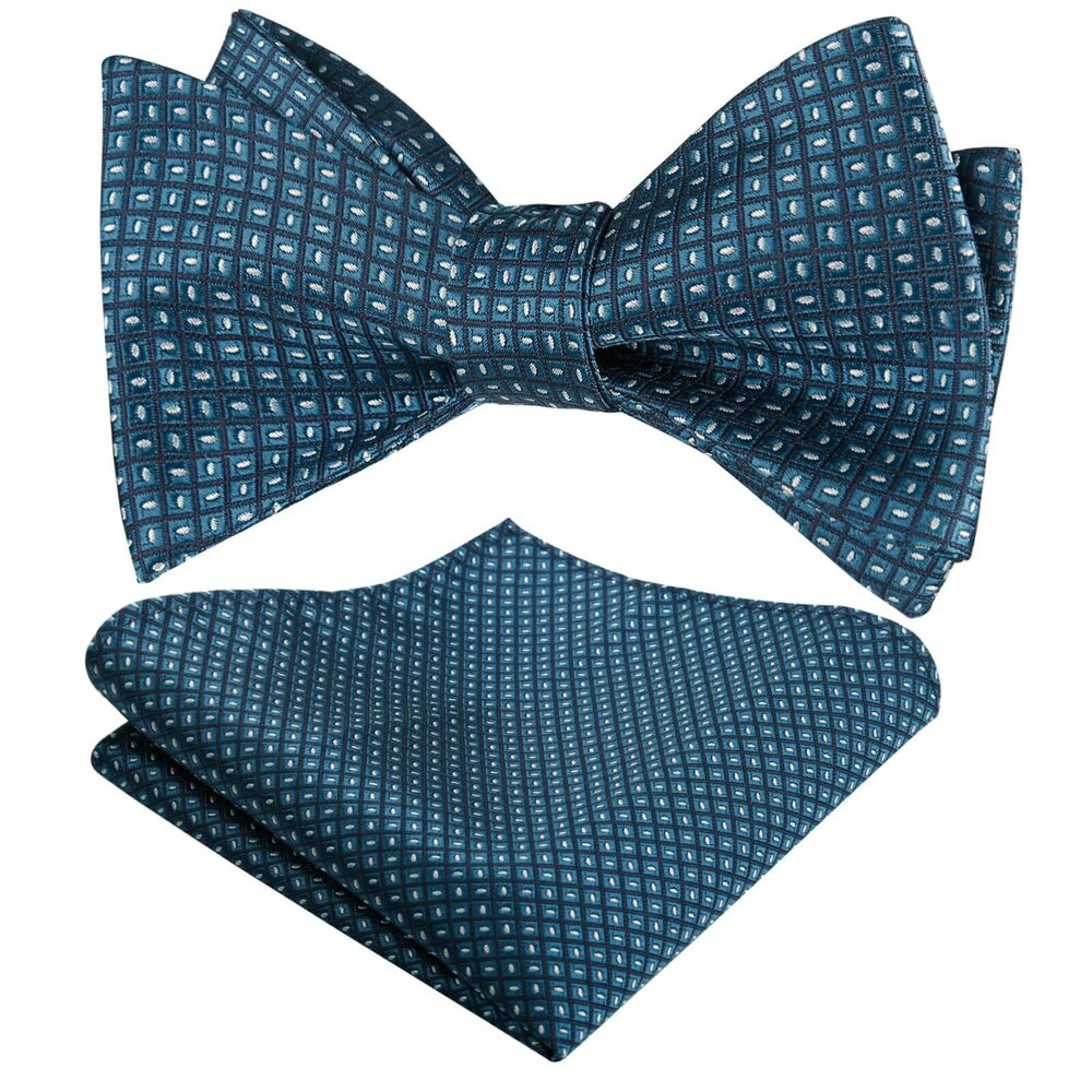 8616 2pcs Polka Dot Self Tied Bow Tie and Pocket Square Hand Tied Set, Teal